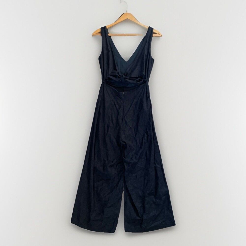 Reset by Jane Cropped Jumpsuit Small Linen Blend Black V-neck Tie Back Pockets - Picture 2 of 6